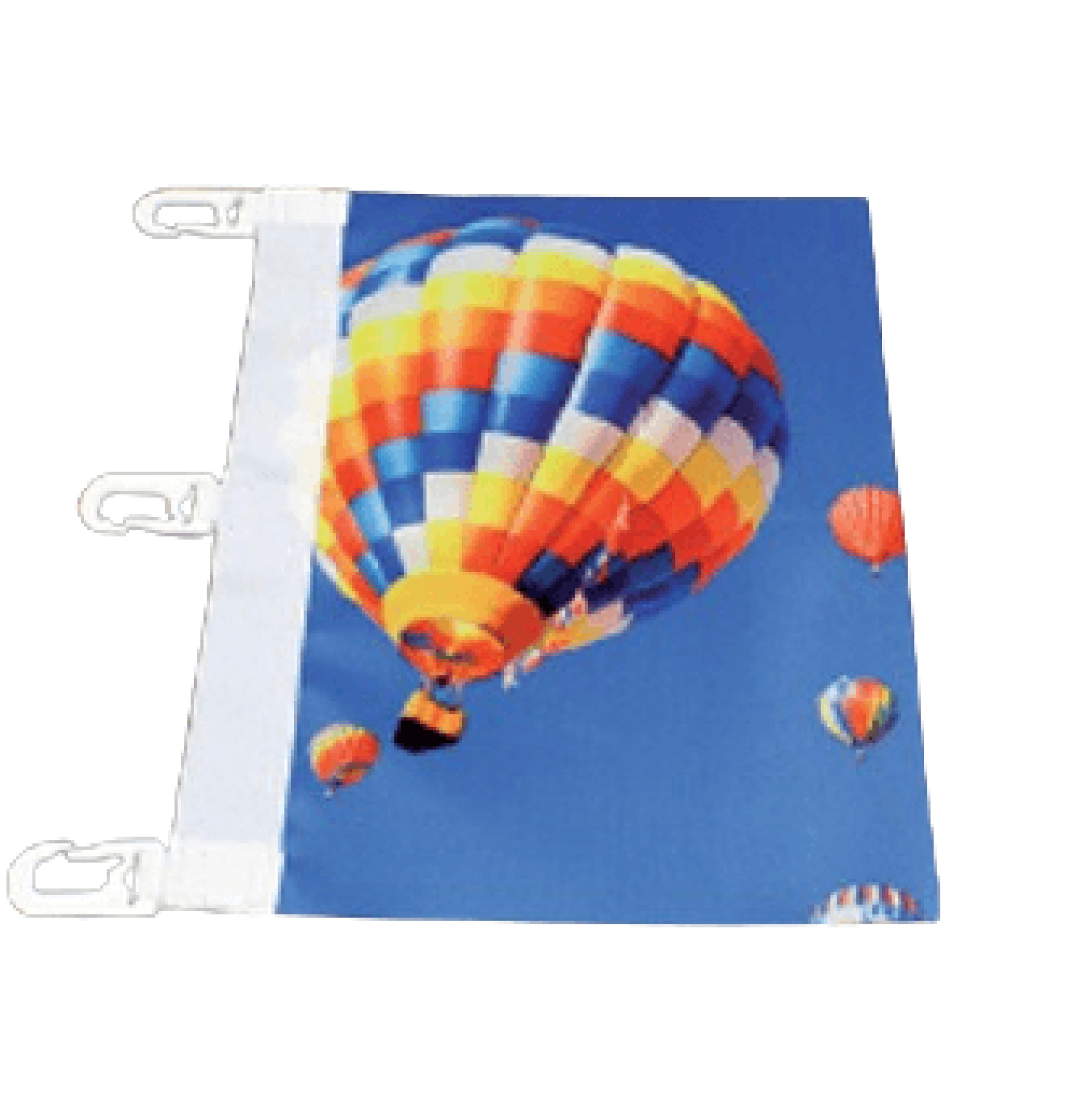 Flaga - karabińczyki na taśmie Karabińczyki flagowe są przyszyte do solidnej taśmy wzmacniającej, zapewniającej trwałość i łatwy montaż. Pozostałe krawędzie flagi wykończone są cięciem na gorąco, co zapobiega strzępieniu materiału lub obszye szwem.