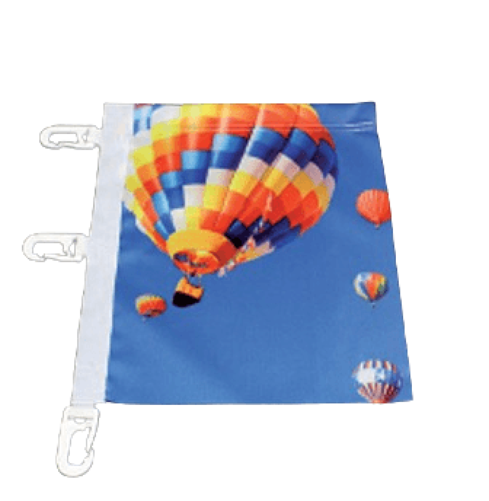 Flag – Carabiners with Top Sleeve Typical vertical flag — the left edge is reinforced with tape sewn with flag carabiners, the top edge features a finished sleeve. The right edge and bottom are either hemmed or finished with hot cutting.